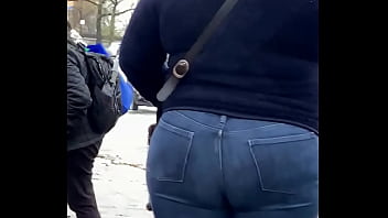 Wide Hip PAWG Woman With Big Butt In Jeans Waiting At Bus Stop