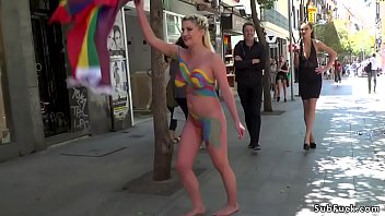 Painted body busty blonde d. in public