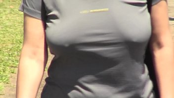 Braless in public, big boobs