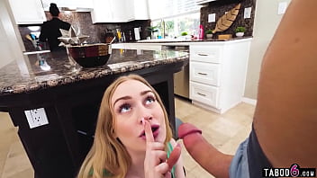 Teen stepsister Emma Starletto hides the kitchen blowjob from our step mom