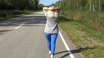 Flashing on the street in blue pantyhose